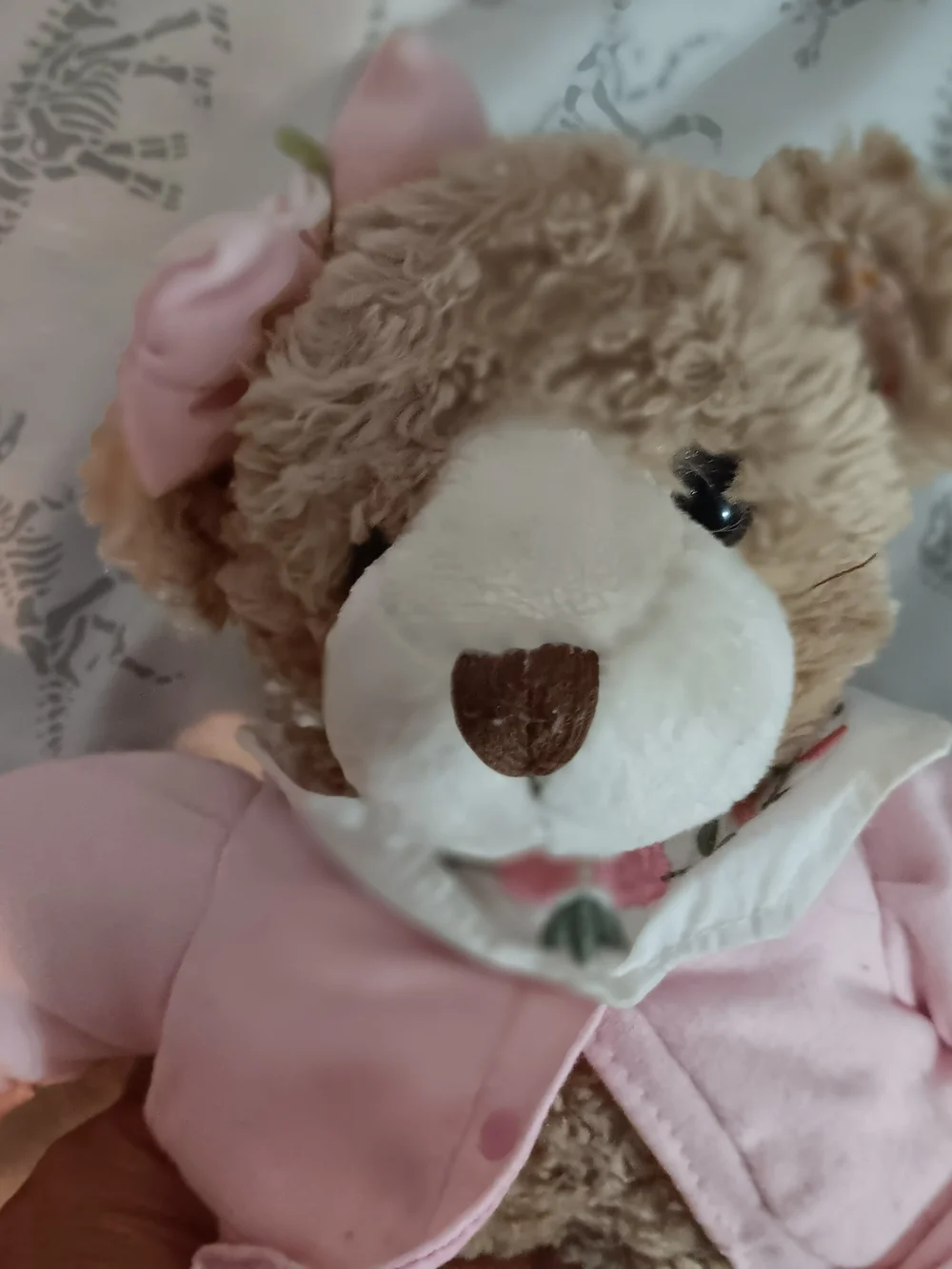 Plush Brown Teddy Bear with Pink Jacket and Bow